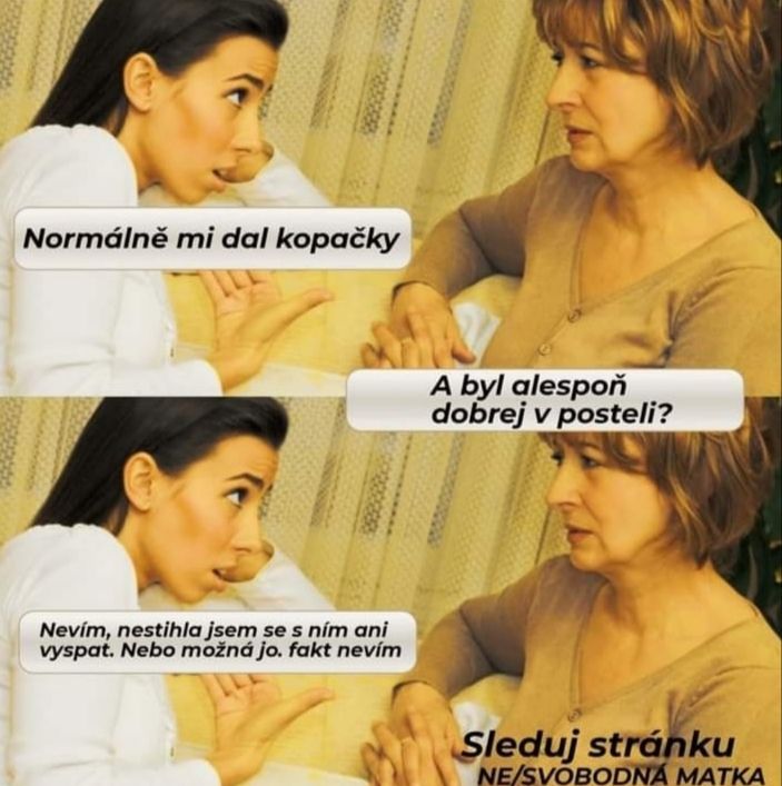 Dve ženy diskutujú o rozchode a romantických záležitostiach s humorom; text bubliny zvyšuje komický efekt.