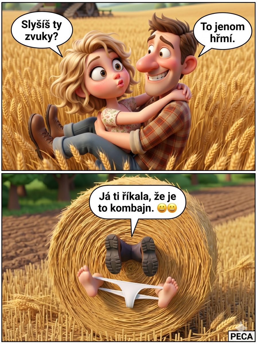 Pár v pšeničnom poli počuje kombajn, výsledkom je komický moment so senom.