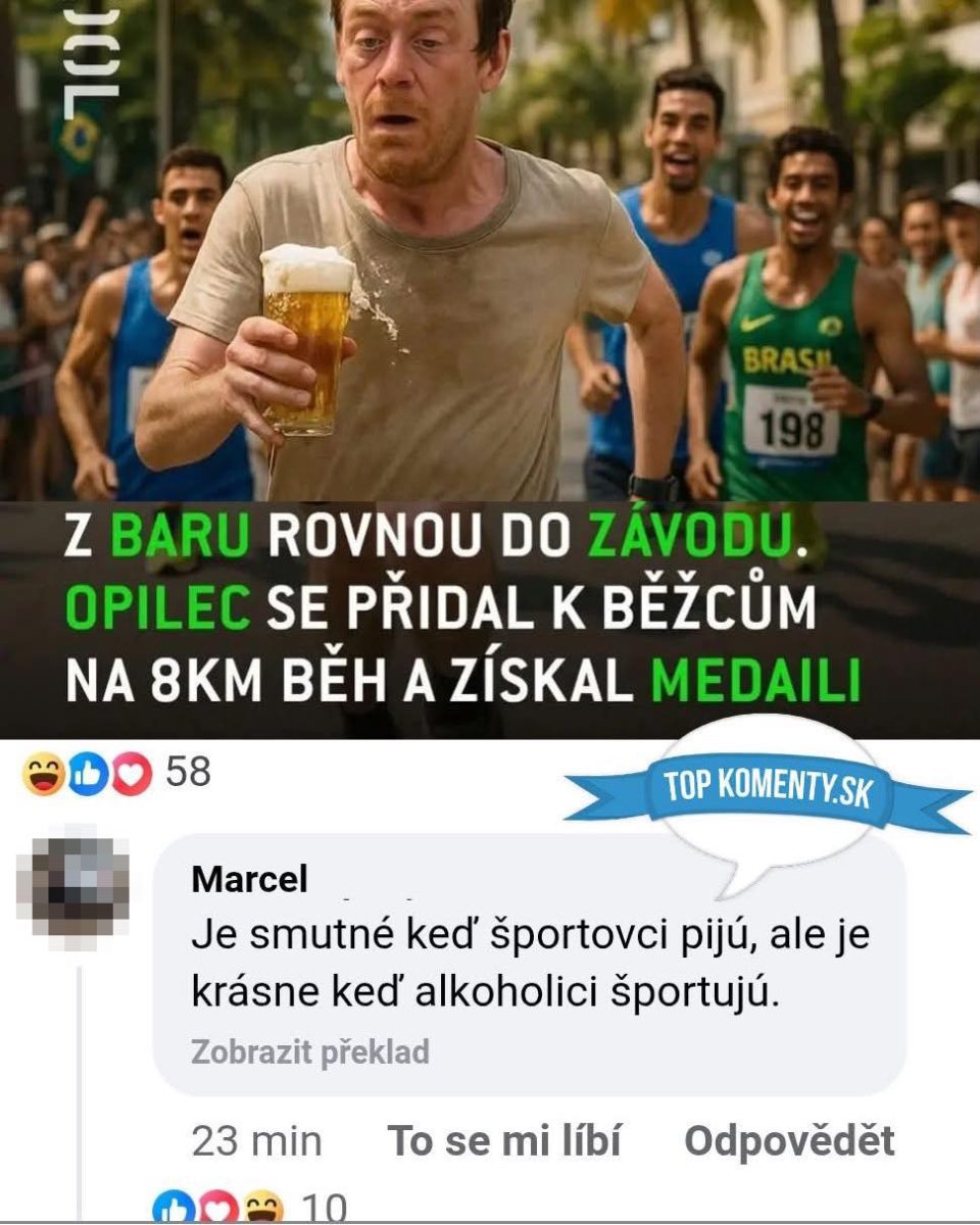 Opilec s pivom beží maratón a získava medailu, komentár vyzdvihuje zaujímavý pohľad na šport a alkohol.