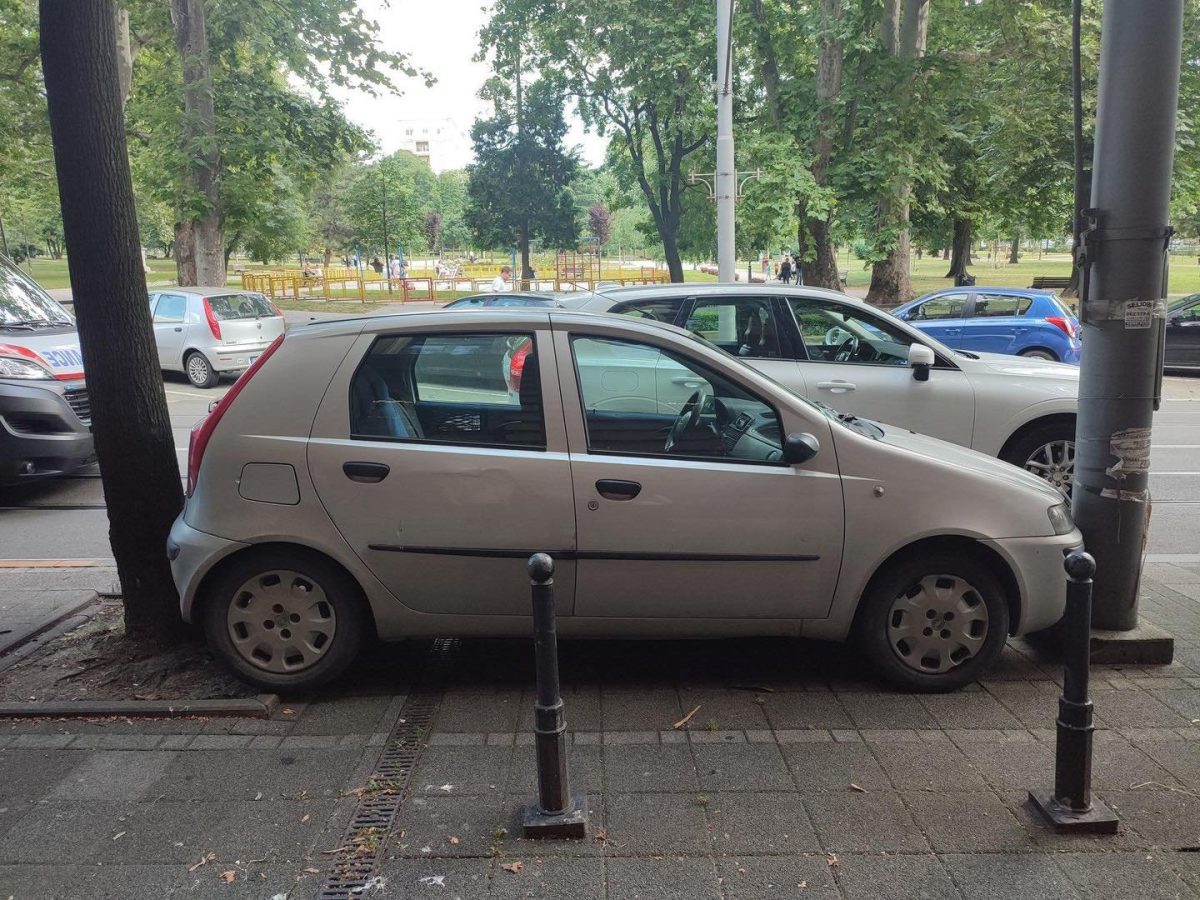 Auto zaparkované na chodníku blízko stromu a cesty, obklopené mestským parkom a ďalšími vozidlami.