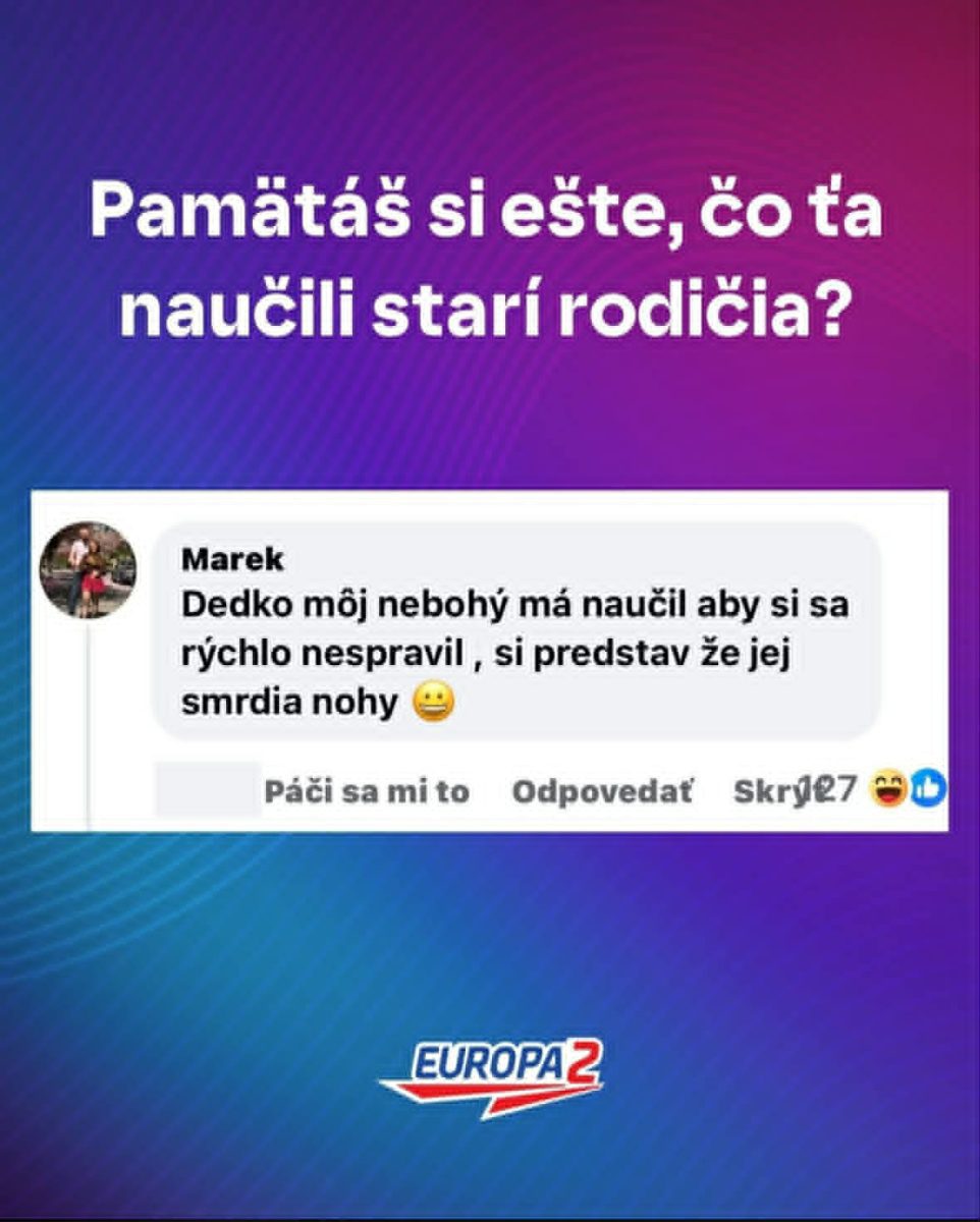 Vtipná spomienka na radu od starého otca v komentári pod príspevkom na farebnom pozadí s logom Europa 2.