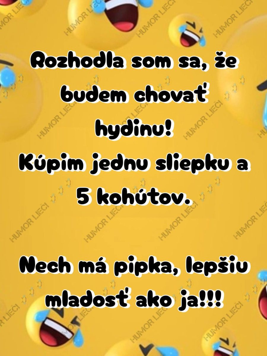 Textový vtip o chove hydiny so smajlíkmi na žltom pozadí pre pobavenie.
