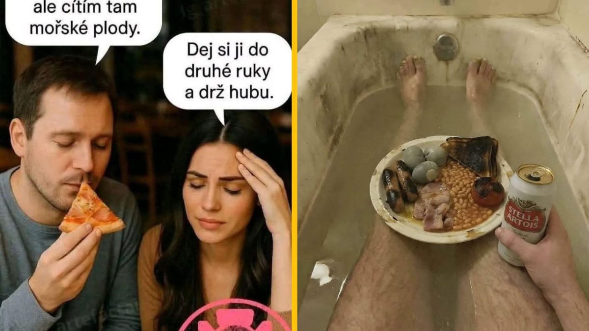 Muž s pizzou, žena pri stole, muž vo vani s pivom a tanierom jedla, komický dialóg.
