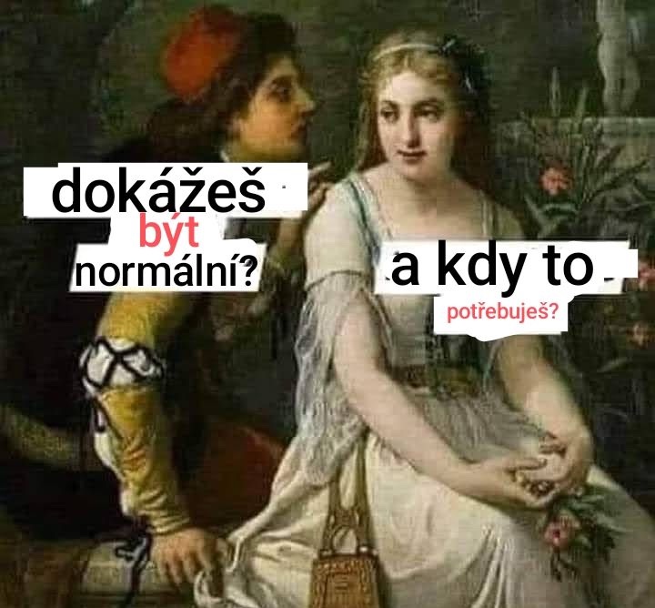 Muž a žena z renesančného obrazu v humornom dialógu o normálnosti.