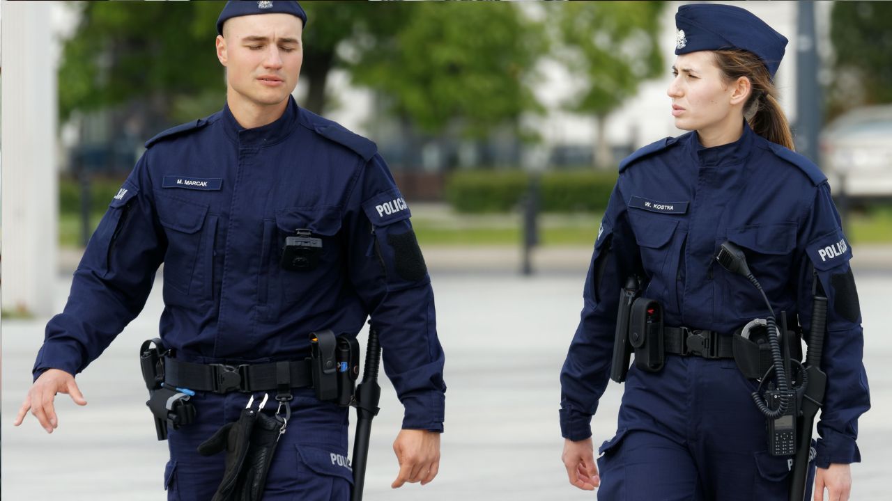 Policajní dôstojníci v uniforme pri hliadke na ulici počas denného svetla.