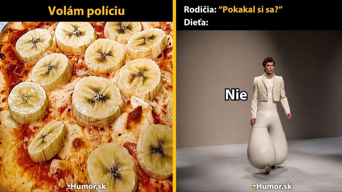 Banánová pizza a módna prehliadka s vtipným outfitom, ktorý pripomína rodičovskú otázku o nehode.
