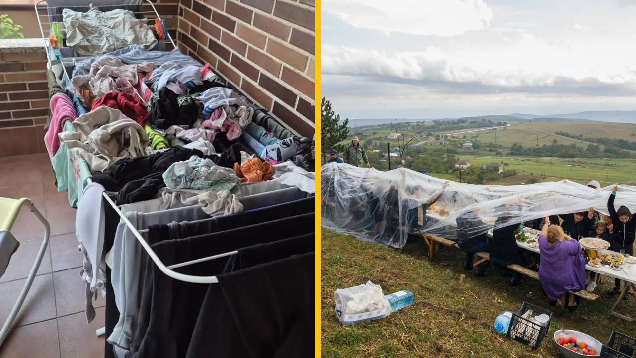 Obrázok ukazuje sušiak s oblečením na balkóne a skupinu ľudí vonku, chránenú plastom pred dažďom.
