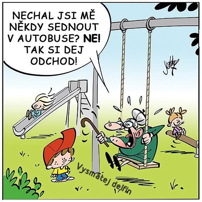 Dôchodca na hojdačke s palicou komicky konverzuje s deťmi na ihrisku. Text: Nechal jsi mě někdy sednout v autobuse?