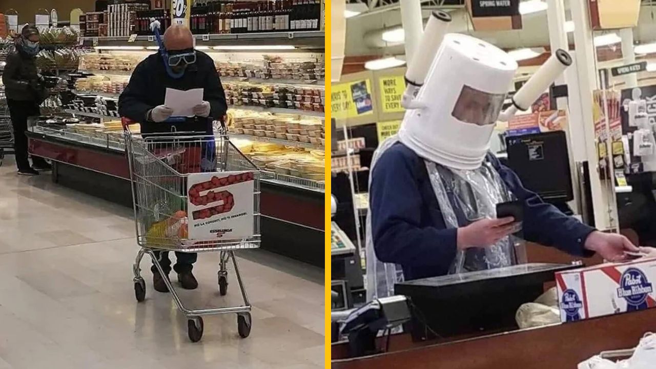 Muži v bizarných ochranných oblekoch nakupujú potraviny v supermarkete počas pandémie.