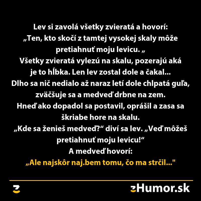 Lev vyzýva zvieratá na skok z útesu s odmenou, medveď reaguje vtipne a nečakane na situáciu.