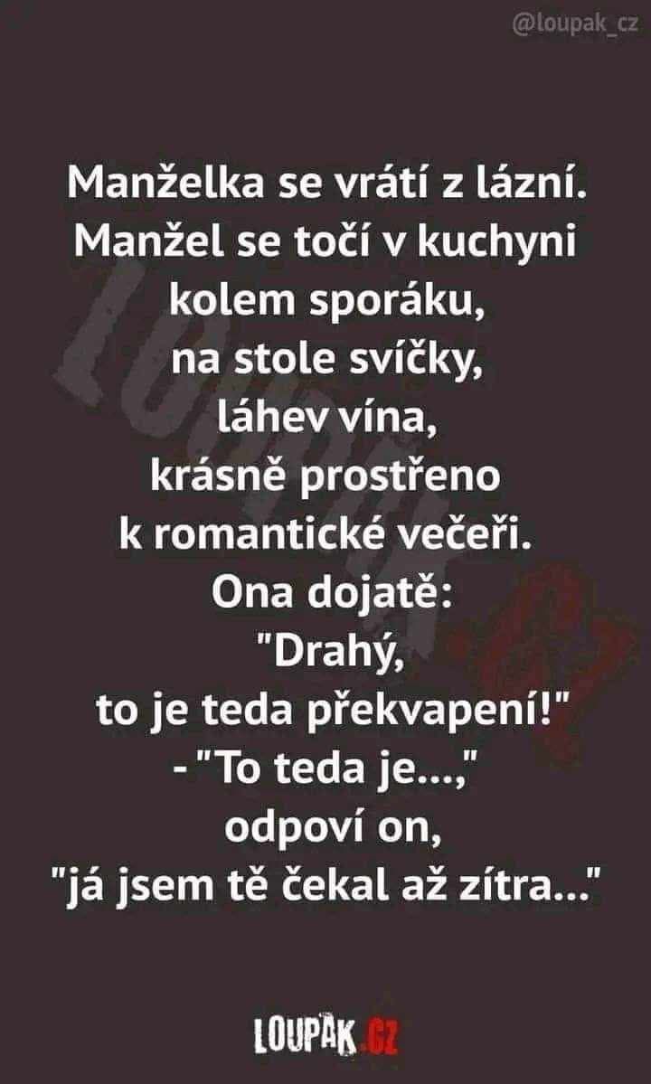 Vtipný text o prekvapení po návrate z kúpeľov, kde manžel reaguje nečakane humorne.