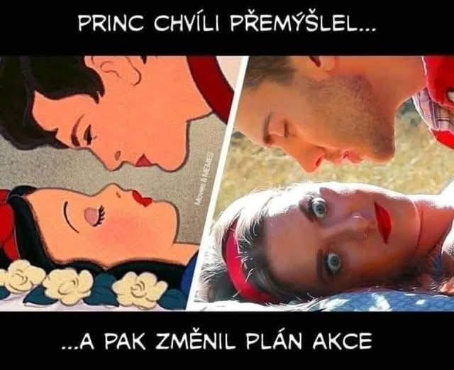 Klasická rozprávková scéna so zmenou na modernú: princ sa rozhoduje inak.