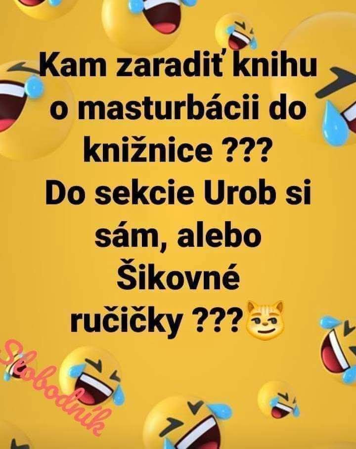 Vtipný text s otázkou kam zaradiť knihu v knižnici obklopený smejúcimi sa emotikonmi.