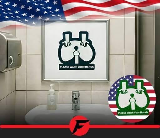 Americká kúpeľňa so značením Please Wash Your Hands, pripomínajúca návštevníkom umývanie rúk.