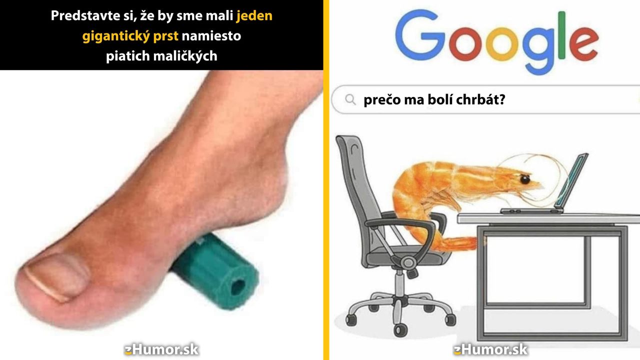 Obrázok ukazuje prst na nohe s gigantickým rozmerom a kreatívnu zobrazenie krevety za stolom.