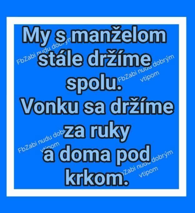 Textový vtip o tom, ako sa manželia vždy držia spolu: vonku za ruky, doma pod krkom.