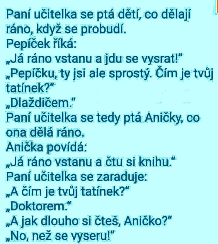 Vtipný rozhovor učiteľka a deti o ich ranných aktivitách s nečakanou pointou.