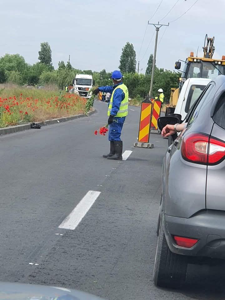 Pracovník v reflexnej veste riadi dopravu na ceste, nesie kyticu červených kvetov, vedľa sa pohybuje ťažká technika.