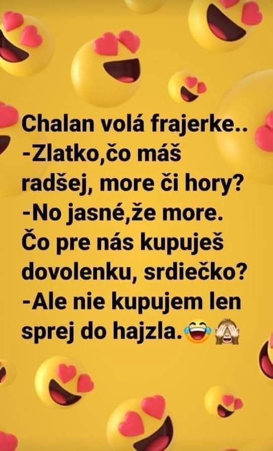 Vtipná konverzácia páru o dovolenke s emotikonmi v pozadí.