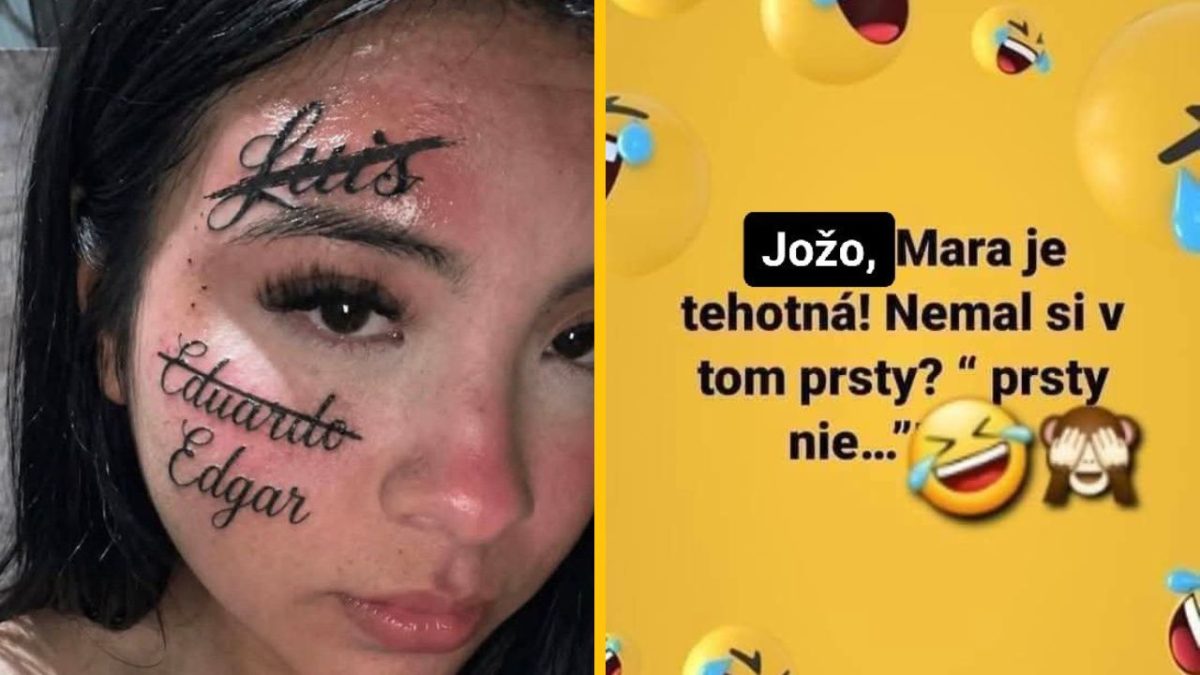 Žena s tetovaním na tvári a vtipný text o tehotenstve s emotikonmi na žltom pozadí.