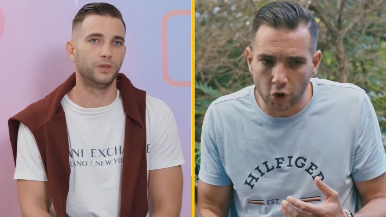 Muž v bielom tričku počas rozhovoru v štúdiu a v modrom tričku v prírode.
