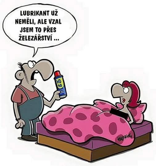 Muž s olejom namiesto lubrikantu, scéna vtipného nedorozumenia v spálni.