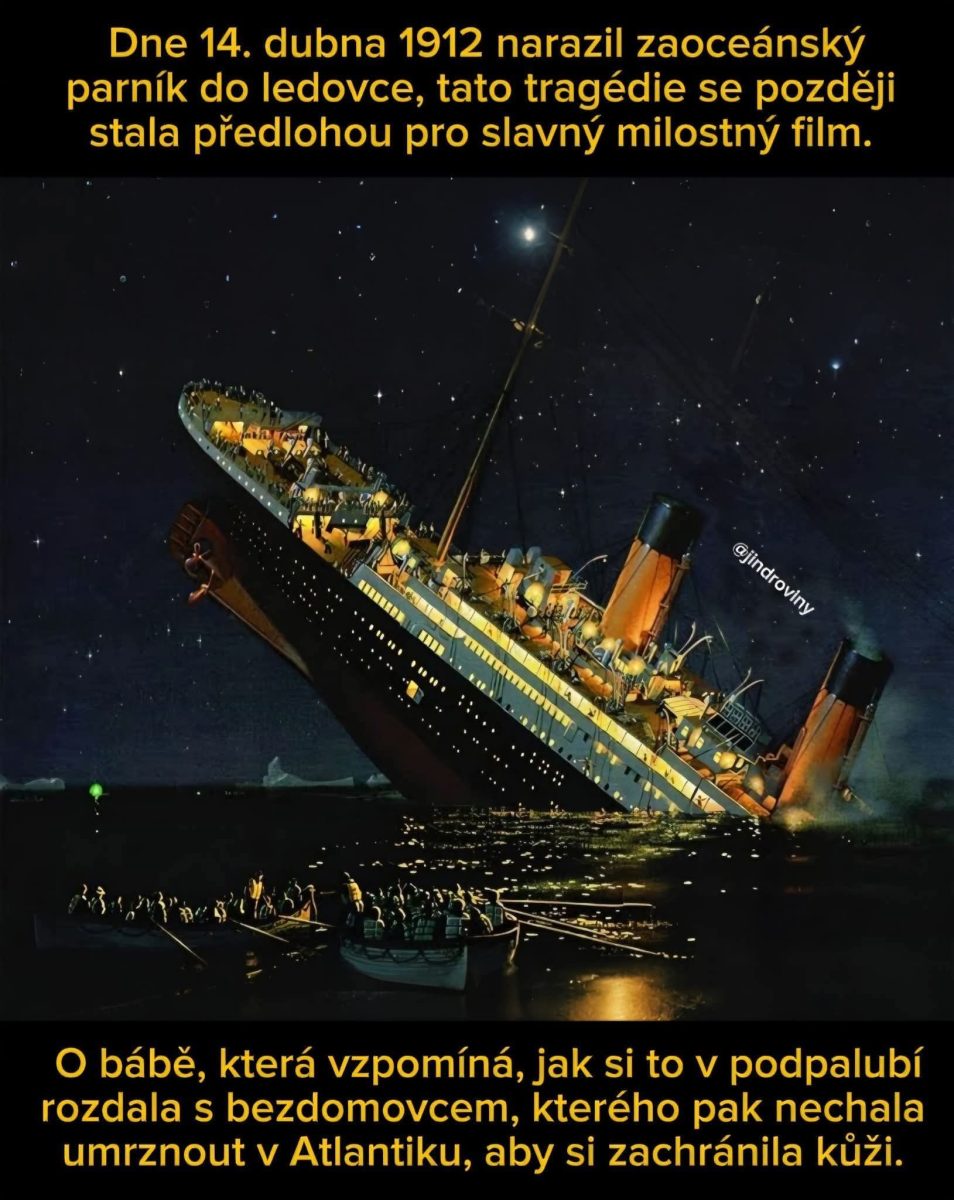 Loď Titanic sa potápa po náraze do ľadovca v jedinečnej tragédii z roku 1912 pod nočnou oblohou.