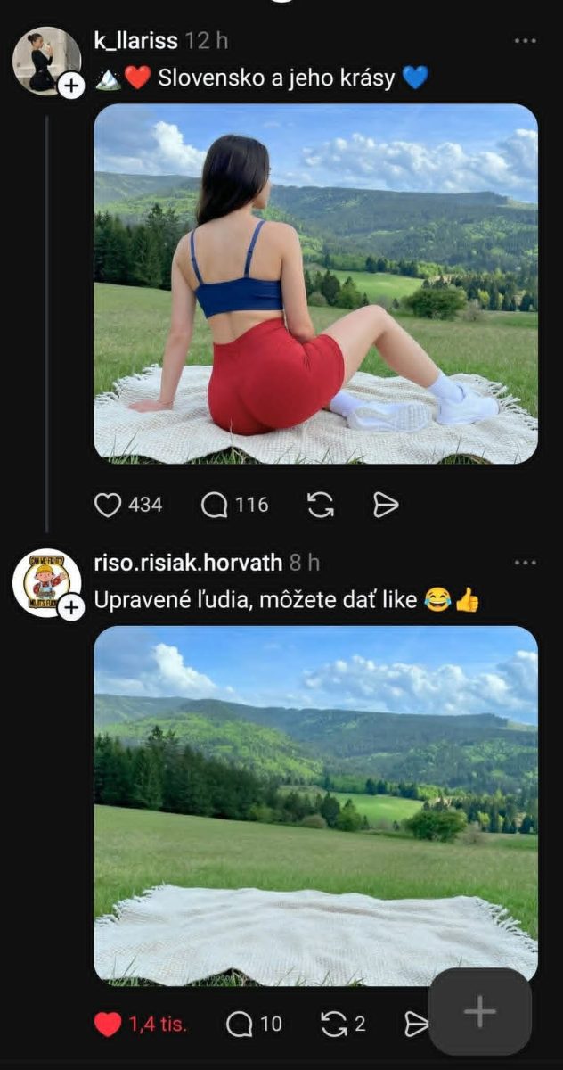 Žena sedí na deke s výhľadom na slovenskú krajinu s horami a lesmi v pozadí.