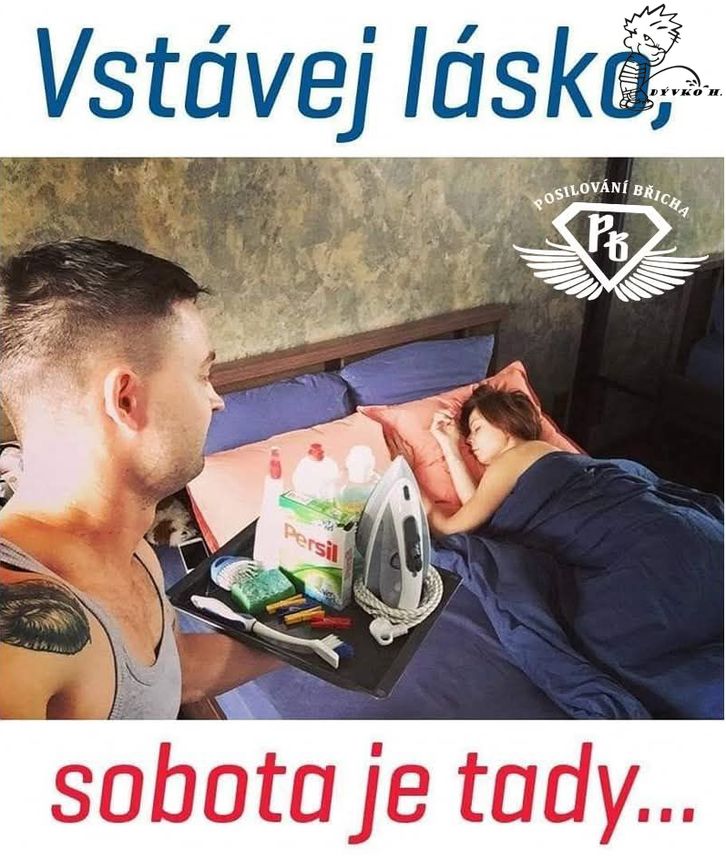 Muž drží podnos s čistiacimi potrebami vedľa spíacej ženy na posteli, text hovorí Vstávej lásko, sobota je tady.