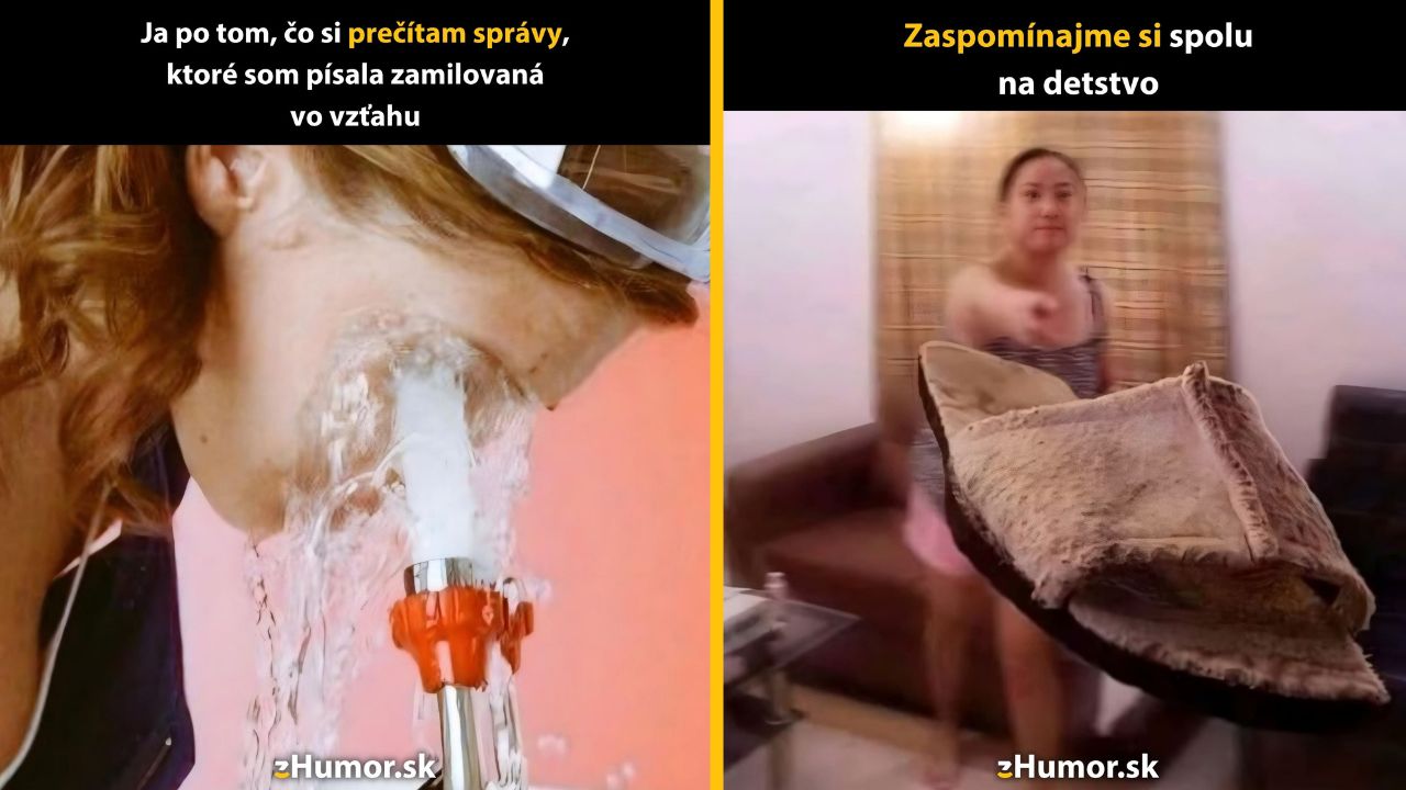 Žena s vodným prúdom do tváre, druhý obrázok žena s papučou, humor o prekonávaní zážitkov z mladosti a vzťahov.