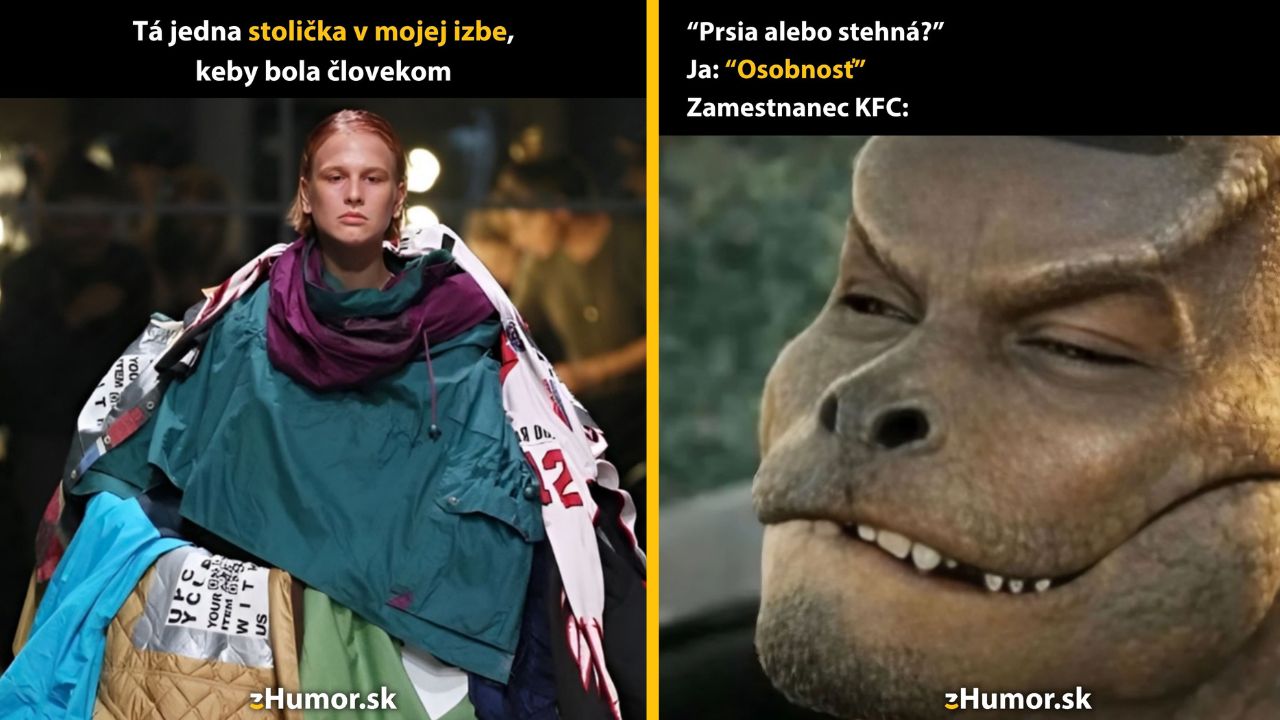 Osoba oblečená vo viacerých vrstvách oblečenia; zvláštna tvár postavy s vážnym výrazom; slovenský textový humor.