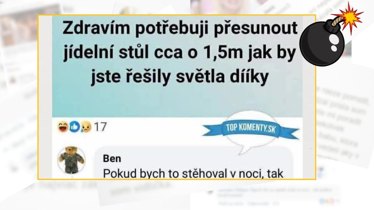 Textová konverzácia o presune jedálenského stola a vtipný komentár riešenia osvetlenia.