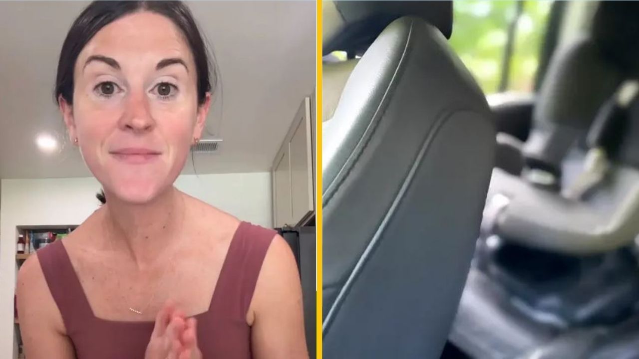 Žena rozpráva pred kamerou v domácej kuchyni, vedľa je zameraná fotografia interiéru auta.