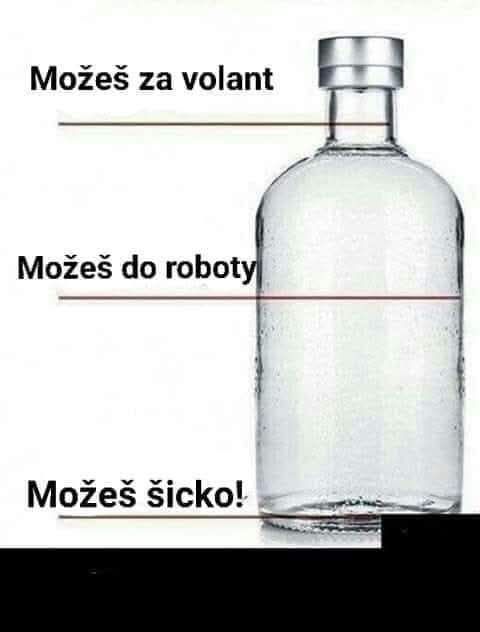 Prázdna fľaša alkoholu s vtipnými úrovňami. Linie označujú, kedy je možné ísť šoférovať, do práce, alebo urobiť čokoľvek.