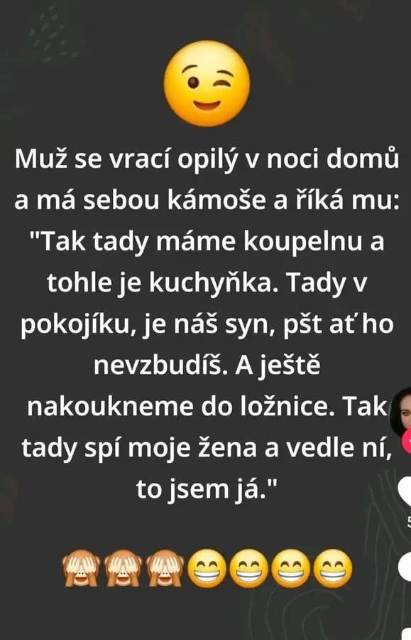 Opitý muž ukazuje kamarátovi byt, končí v spálni s vtipným prekvapením. Humor a zmätok v jednom texte.