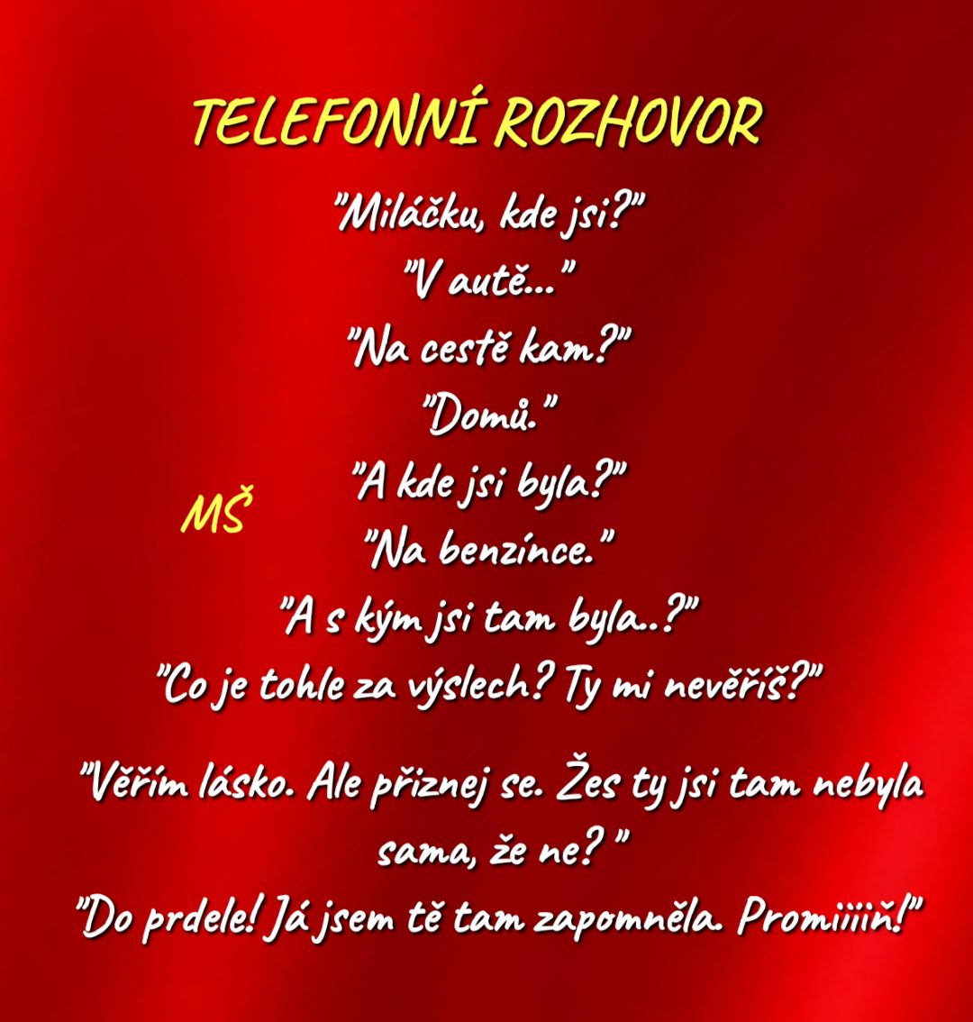 Vtipný telefonický rozhovor medzi pármi o návšteve benzínky, zapojenie do konverzácie, prekvapivý záver.
