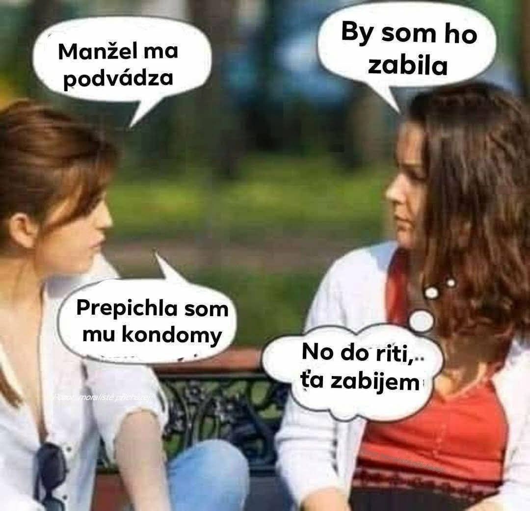 Dvaja ľudia sedí na lavičke a rozprávajú sa o partnerských problémoch s vtipným textom v bublinách.