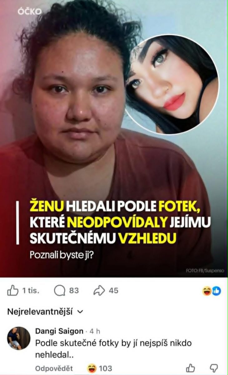 Žena porovnávaná s retušovanou fotkou, nápis vyzýva na rozpoznanie skutočného vzhľadu. Na sociálnej sieti príspevok.