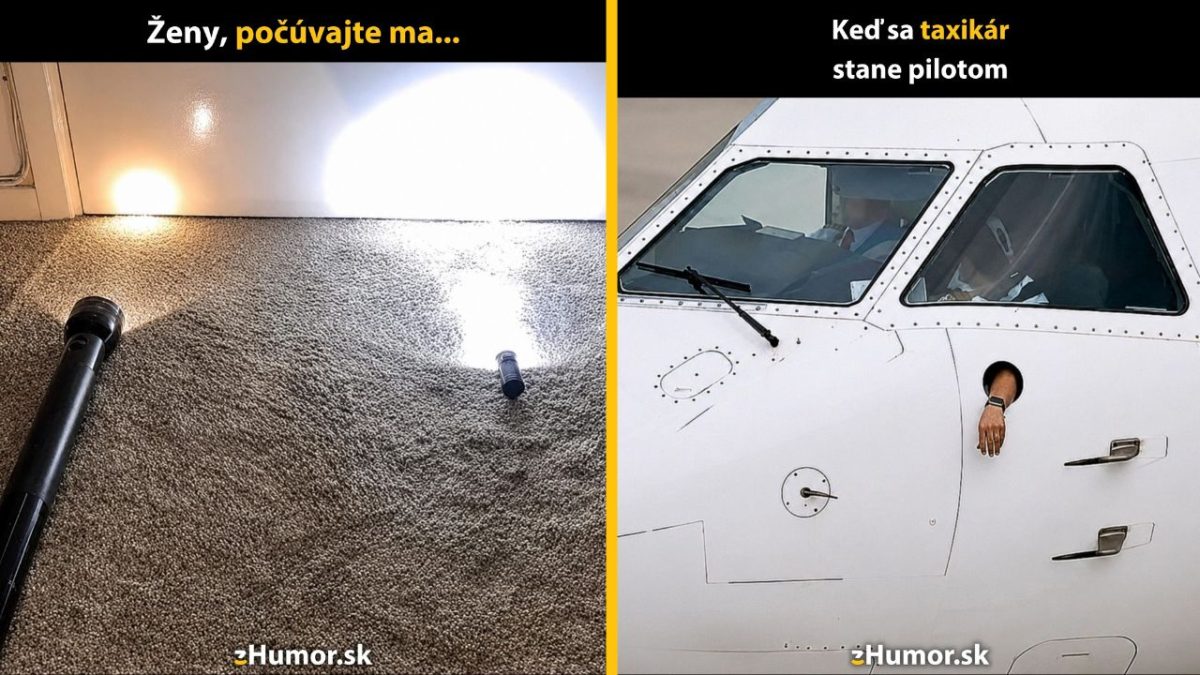 Baterka svieti na dvere; ruka pilota s hodinkami trčí z okna lietadla. Vtipné využitie predmetov.