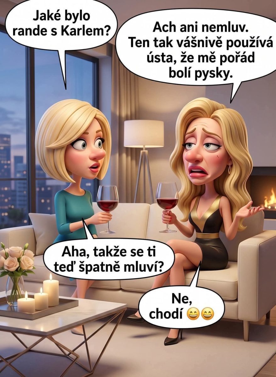 Dve ženy rozprávajú a popíjajú víno v obývačke. Jedna z nich sa sťažuje na rande s Karlom.
