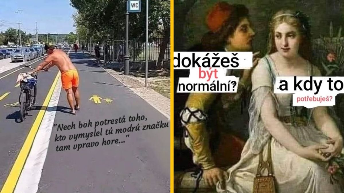 Muž tlačí bicykel po cyklotrase so zelenými značkami, s vtipným textom a historická maľba s konverzačným bublinami.