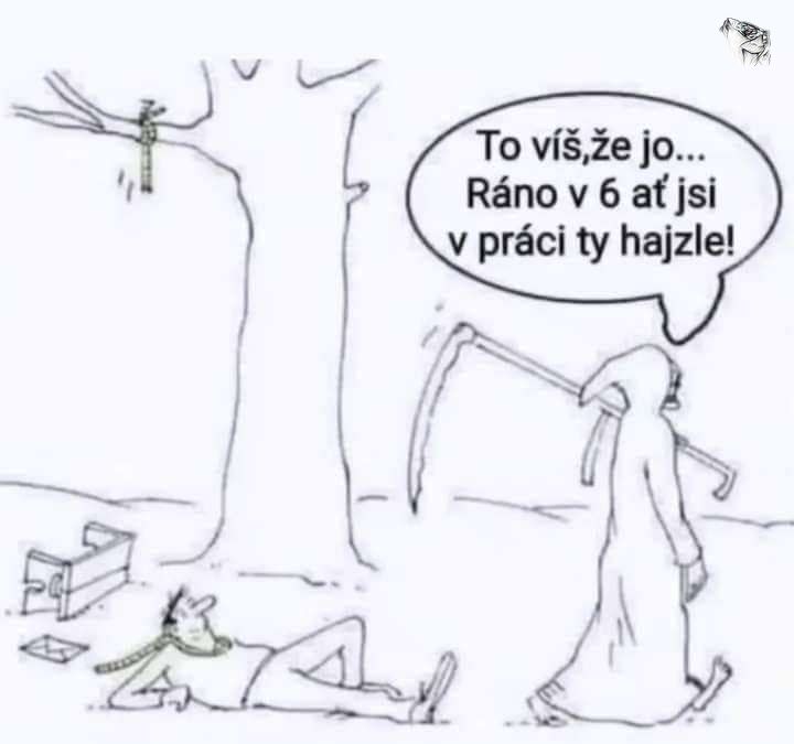 Postava smrti kráča preč od muža odpočívajúceho pod stromom s povrazom, humor s tematikou práce.