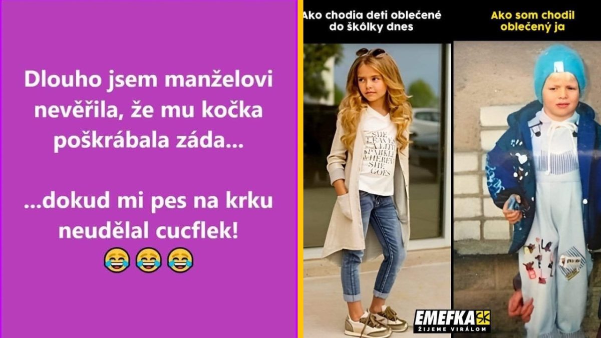 Vtipný obrázok porovnávajúci štýly obliekania detí do škôlky dnes a v minulosti, doplnený o český text vtipu.