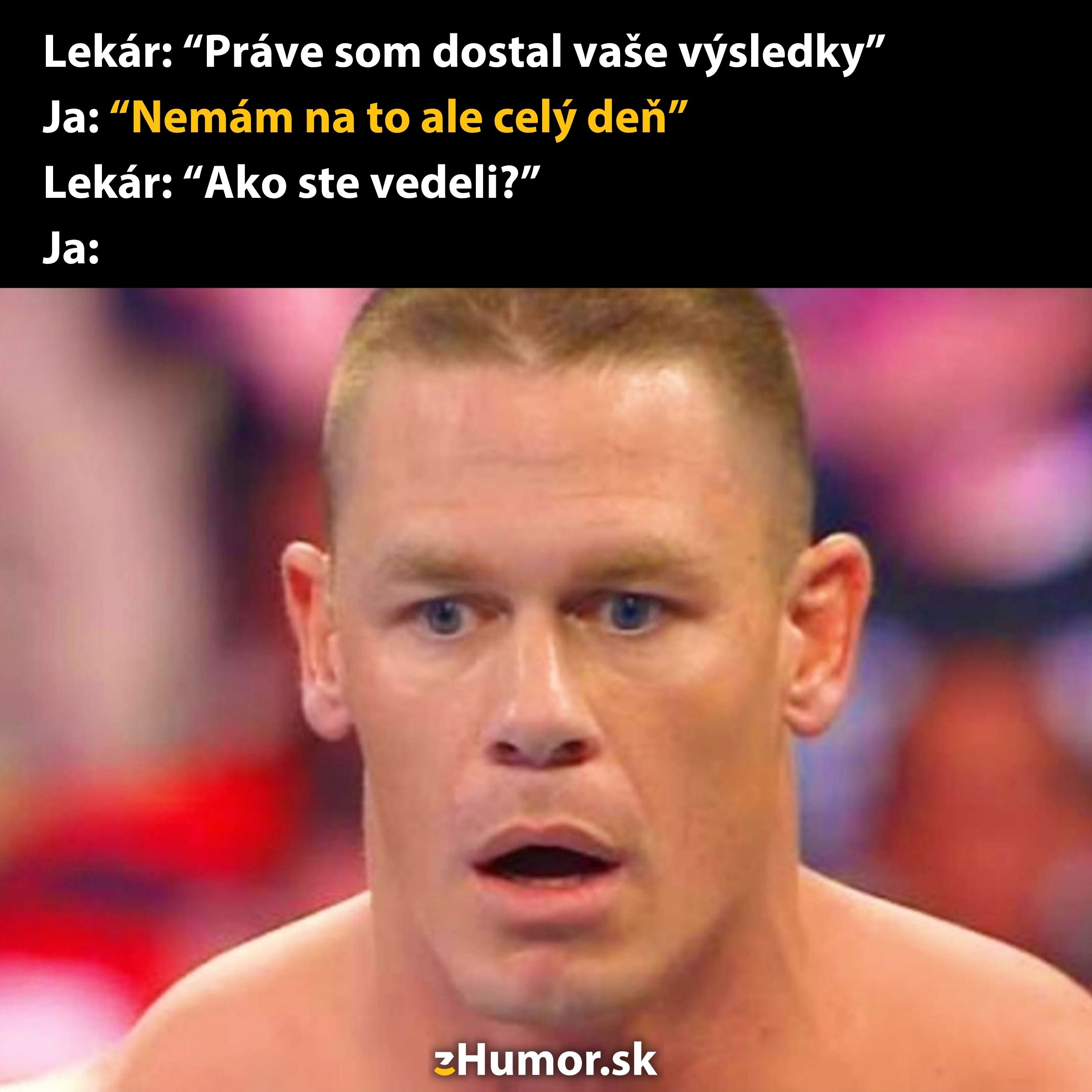 Muž s prekvapeným výrazom a textom o reakcii na zdravotné výsledky so zábavným podtónom.