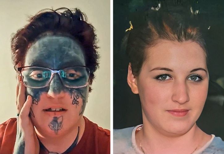 Osoba s modrými tetovaniami na tvári a okuliarami vedľa neskôr nasnímaného portrétu bez tetovaní.