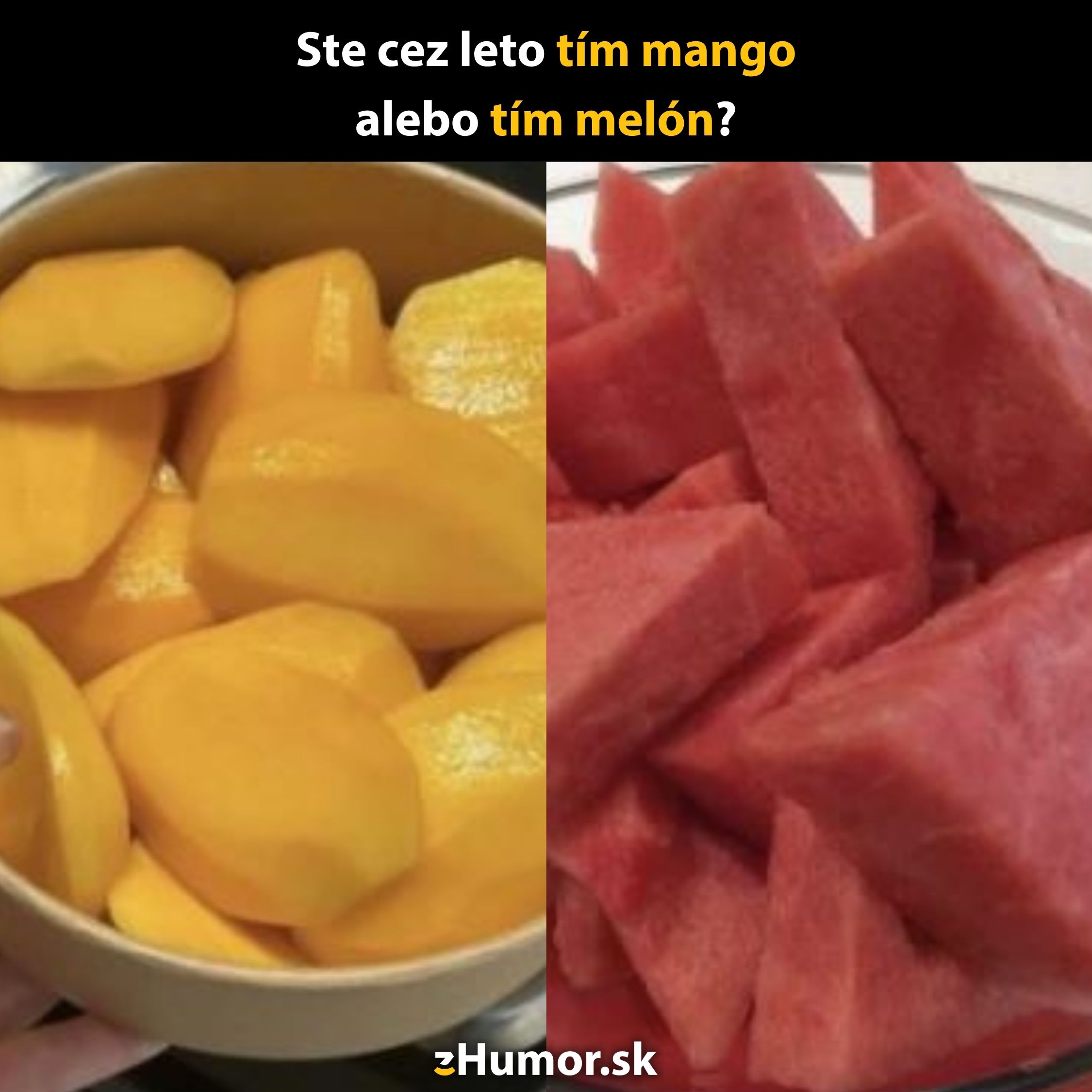 Miska s plátkami manga a miska s plátkami melóna. Letná ovocná dilema: tím mango alebo tím melón?