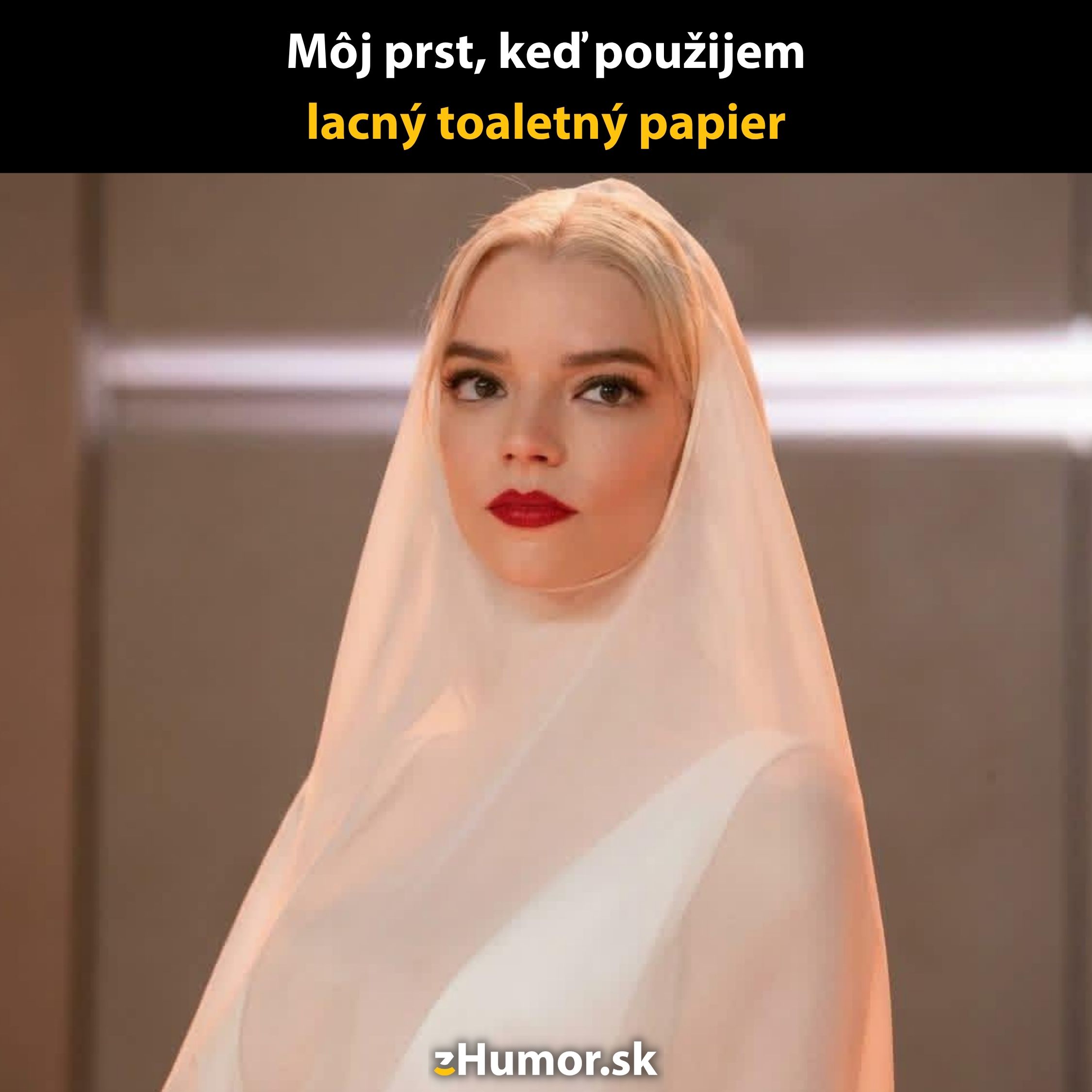 Žena v závoji s červeným rúžom ilustruje vtip o lacnom toaletnom papieri.