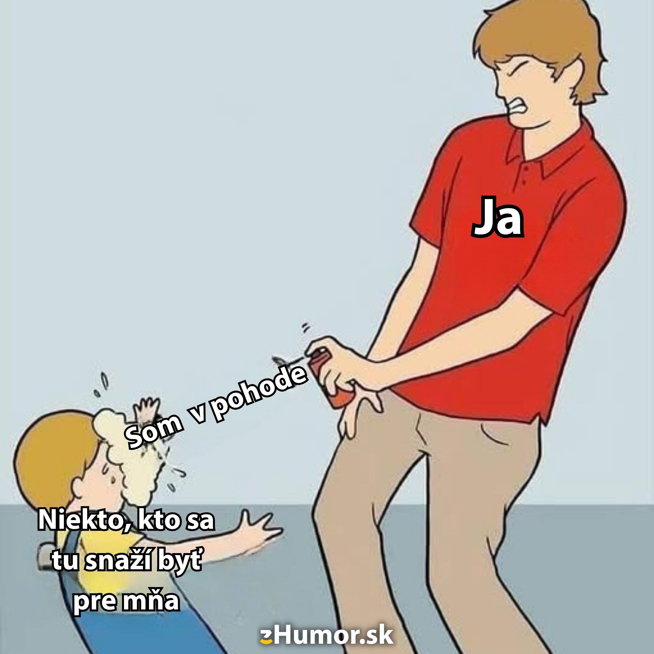 Ilustrácia ukazuje muža striekajúceho peny na chlapca s textom pre vtipnú situáciu.