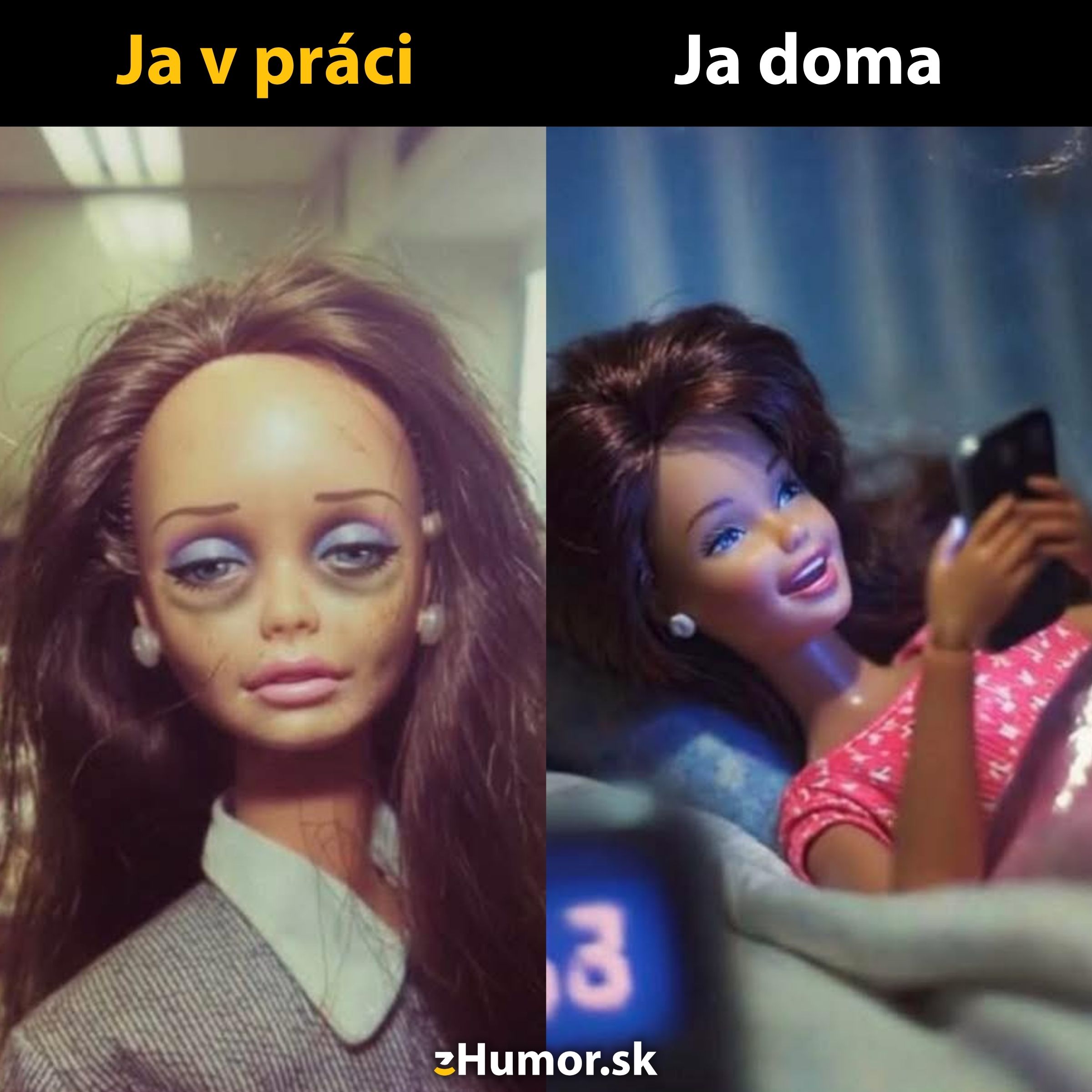 Vľavo unavená bábika v práci, vpravo šťastná bábika doma s mobilom v ruke.