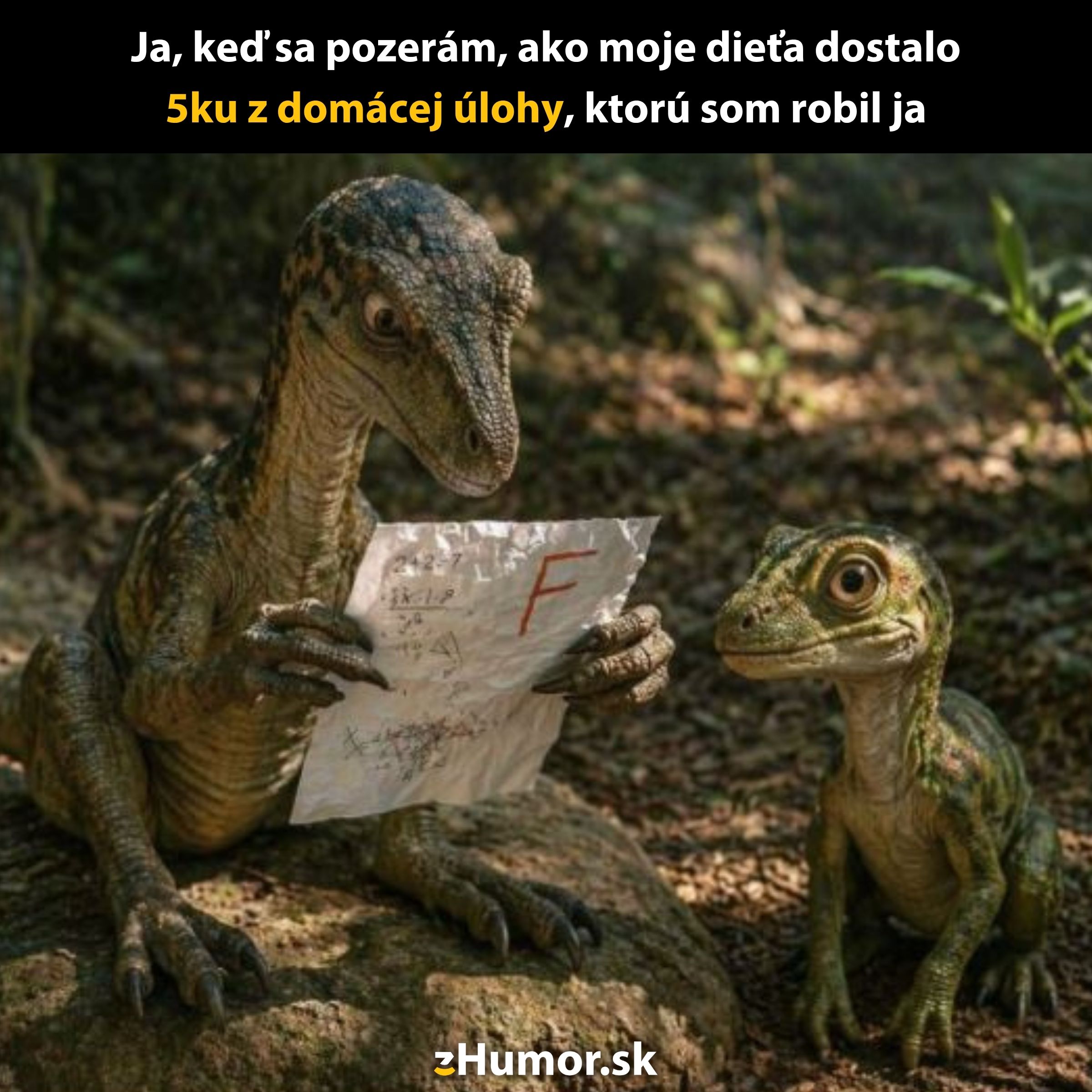 Dva dinosaury čítajú pokrčený papier s červeným F; vtipná reakcia na domácu úlohu.